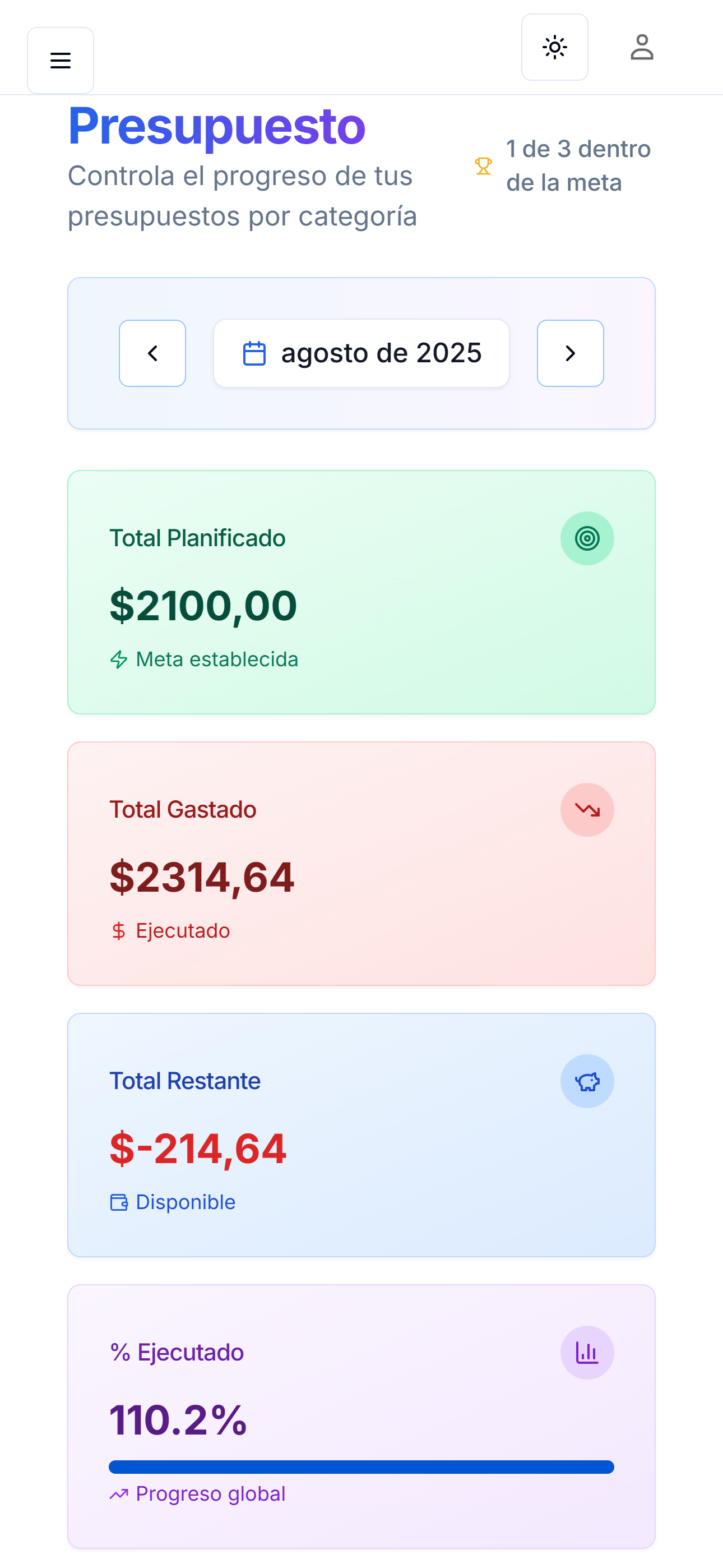 Monedly App - Pantalla de Presupuesto con control de gastos por categoría